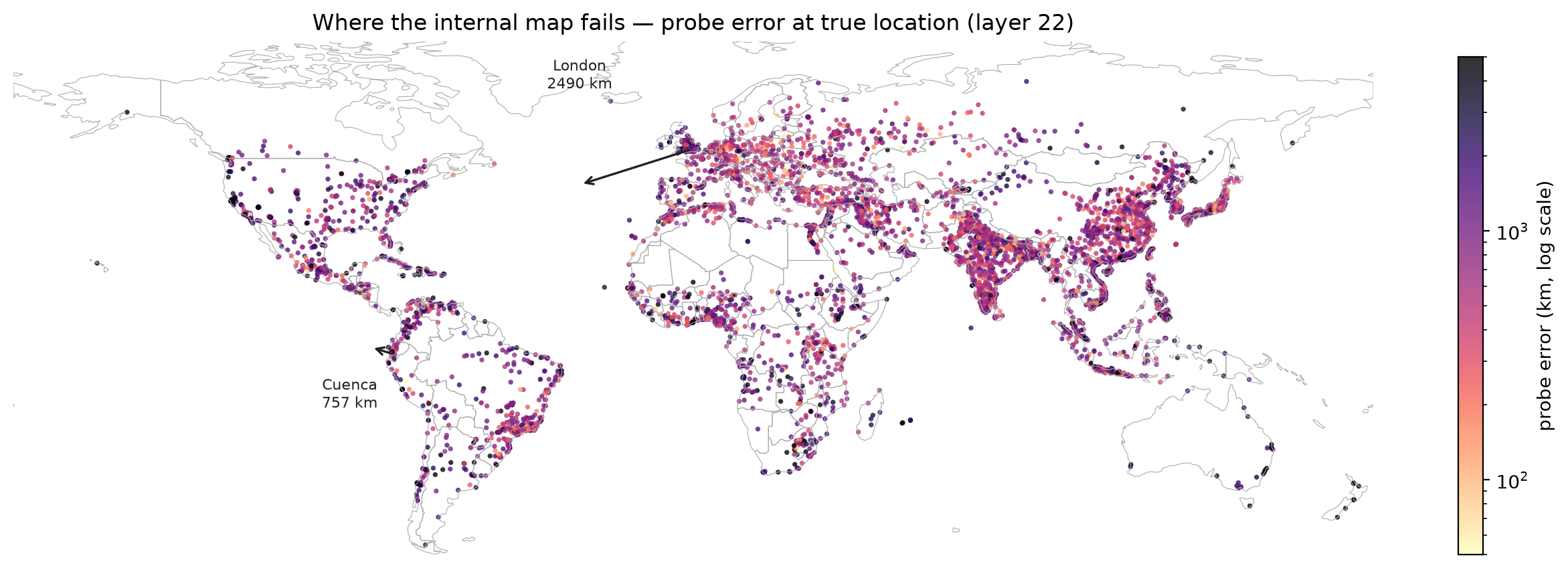 Per-city probe error plotted at true locations